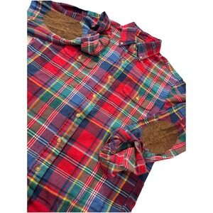 Polo Ralph Lauren Flannel Holiday Shirt Men M Red Tartan Plaid Suede Elbow Patch